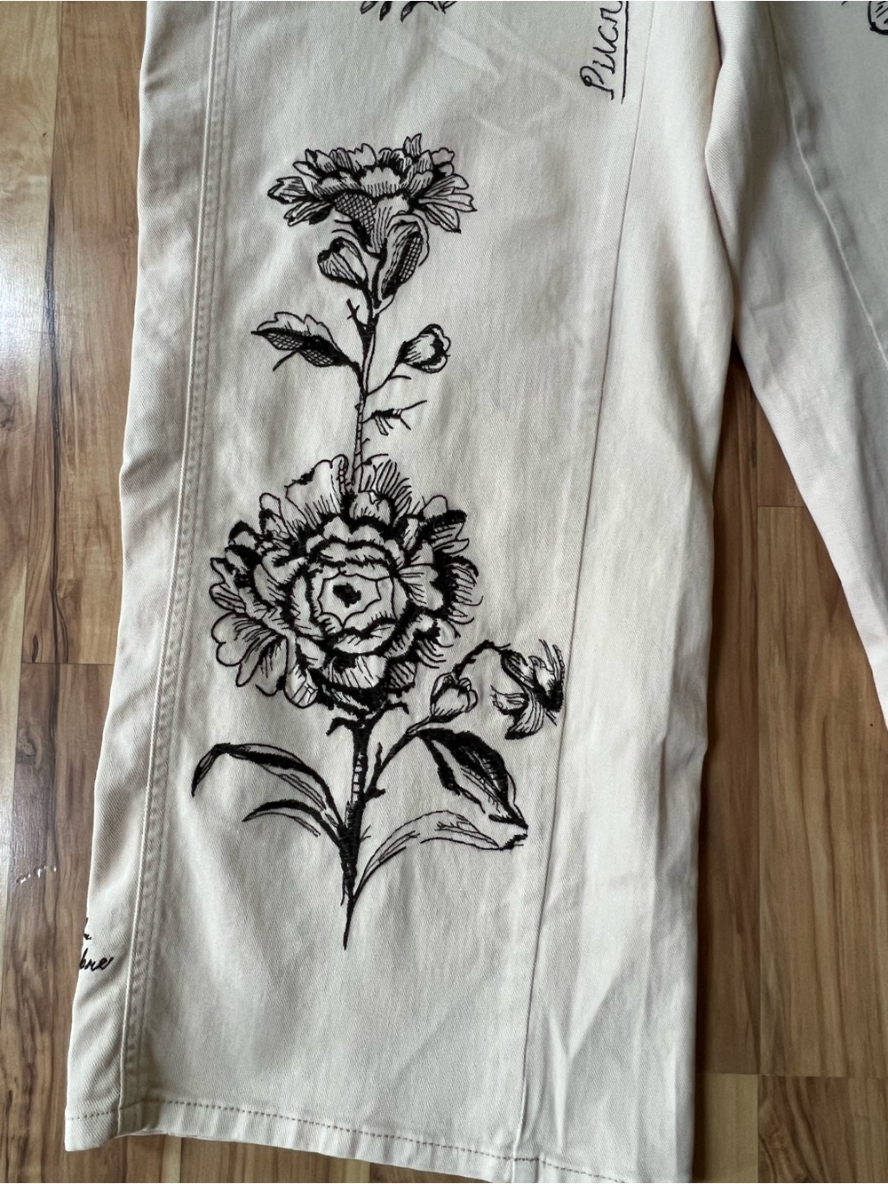 Pilcro Cream Wide-Leg Embroidered Pants Black Botanical Butterfly NWOT - Picture 4 of 13